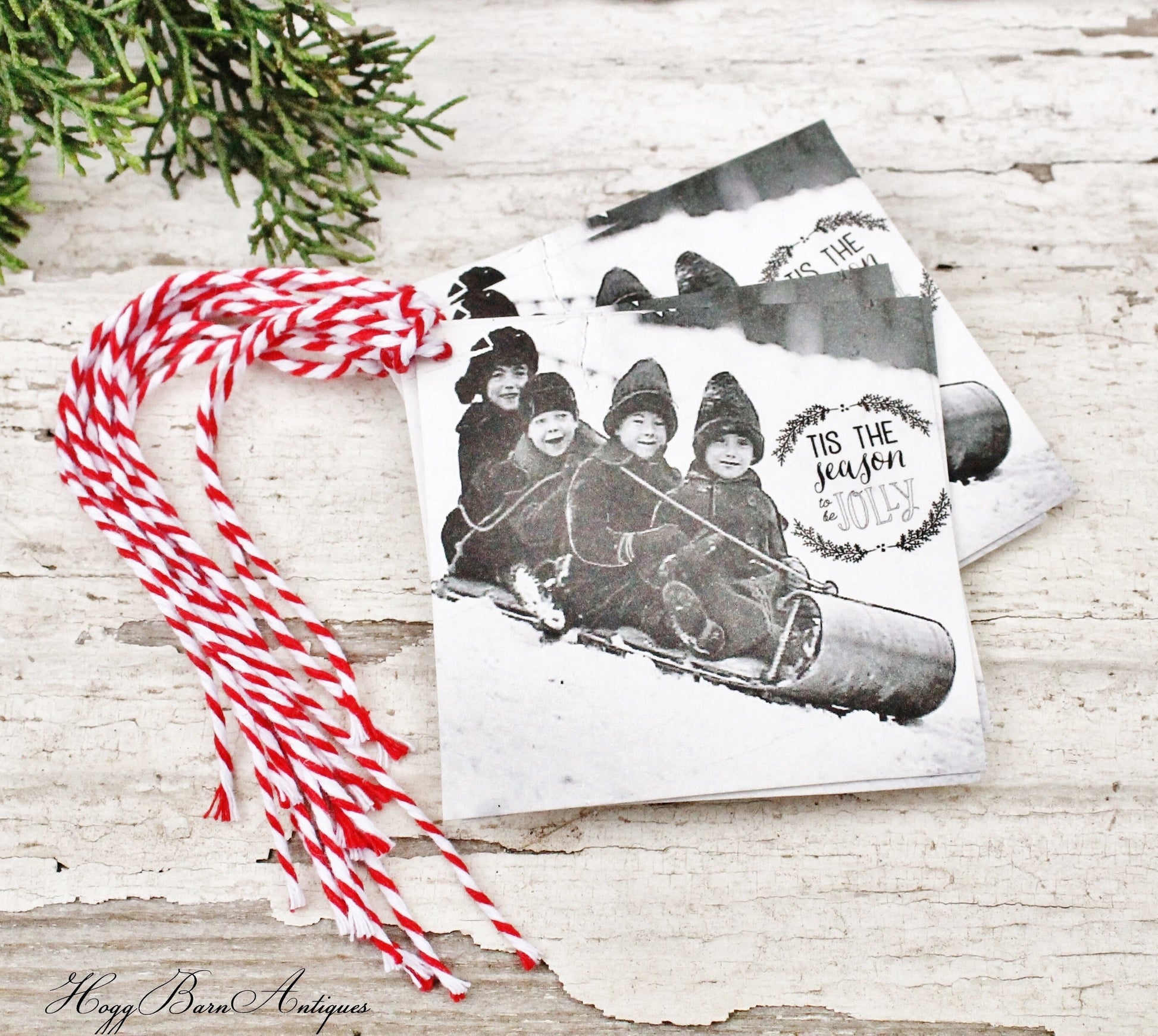 Christmas Gift Tags Vintage Tis The Season To Be Jolly Card Retro Kids Sledding Sled Snow Farmhouse Decor Gift Wrap Fixer Upper Style