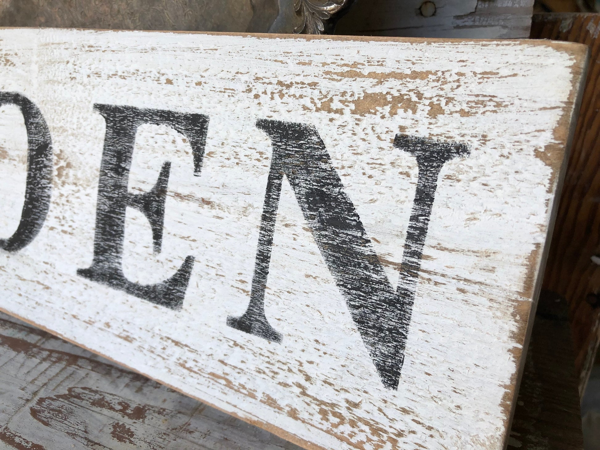 ANTIQUES Sign Farmhouse Wood Salvage Barn Wood Primitive Decor Architectural Reclaimed White Chippy Paint Wall Rustic Fixer Upper Decor
