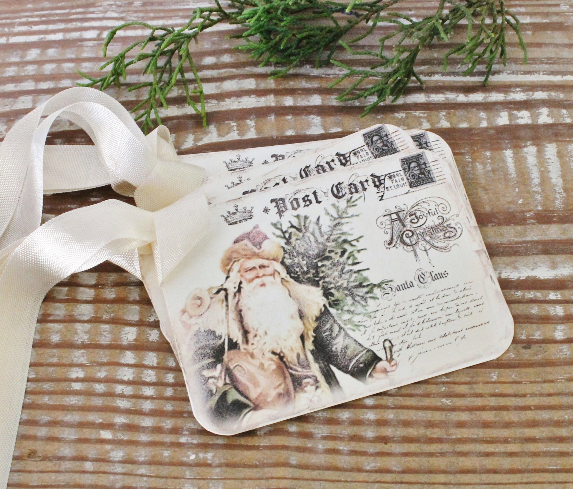 SANTA Christmas Gift Tags Vintage POST CARD Tree Farmhouse Decor Card French Shabby Gift Wrap Father Christmas Cowboy