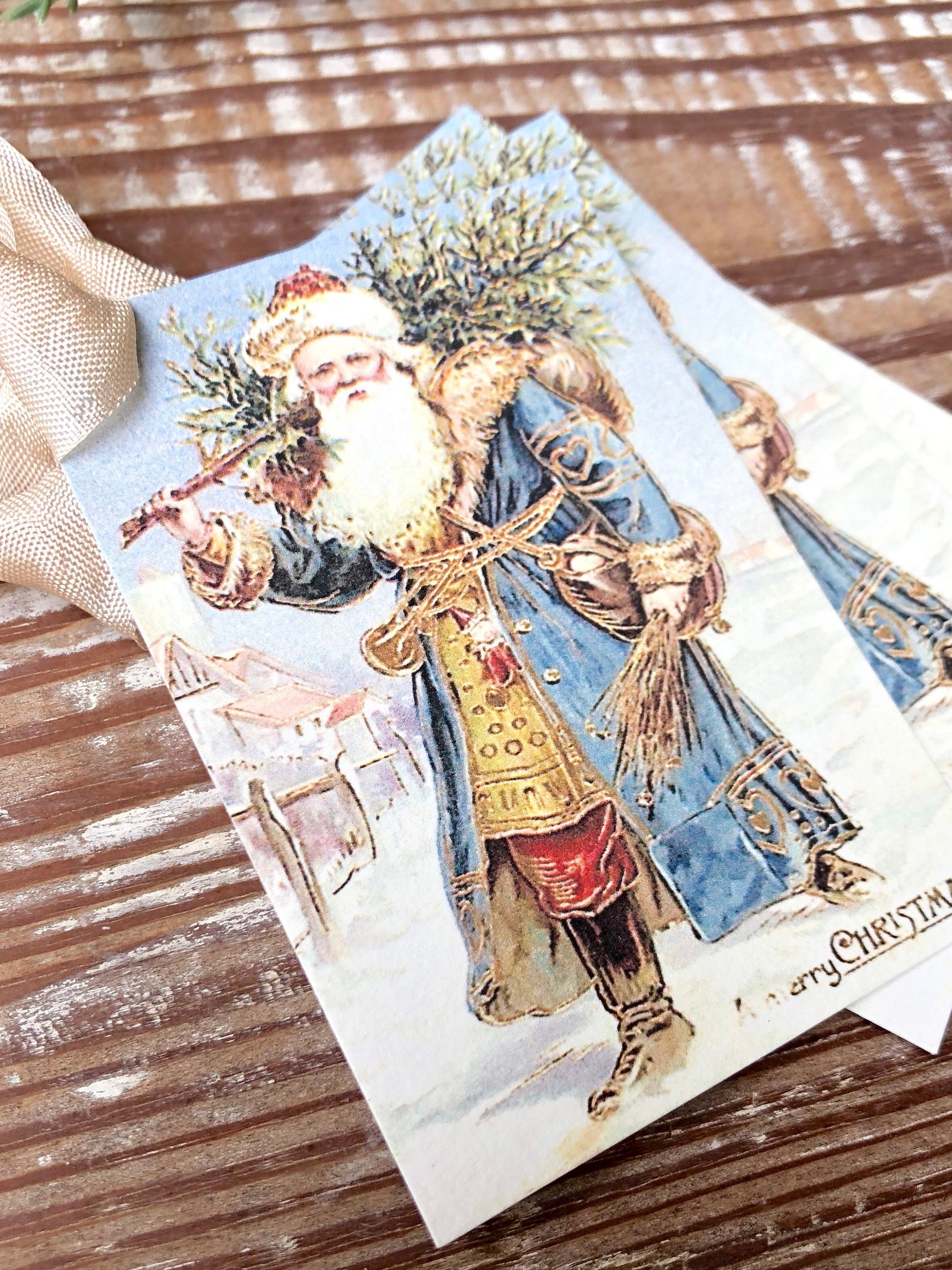 Christmas Vintage Gift Tags SANTA CLAUS St Nick with Tree Farmhouse Christmas Decor Card French Shabby Gift Wrap Primitive Christmas