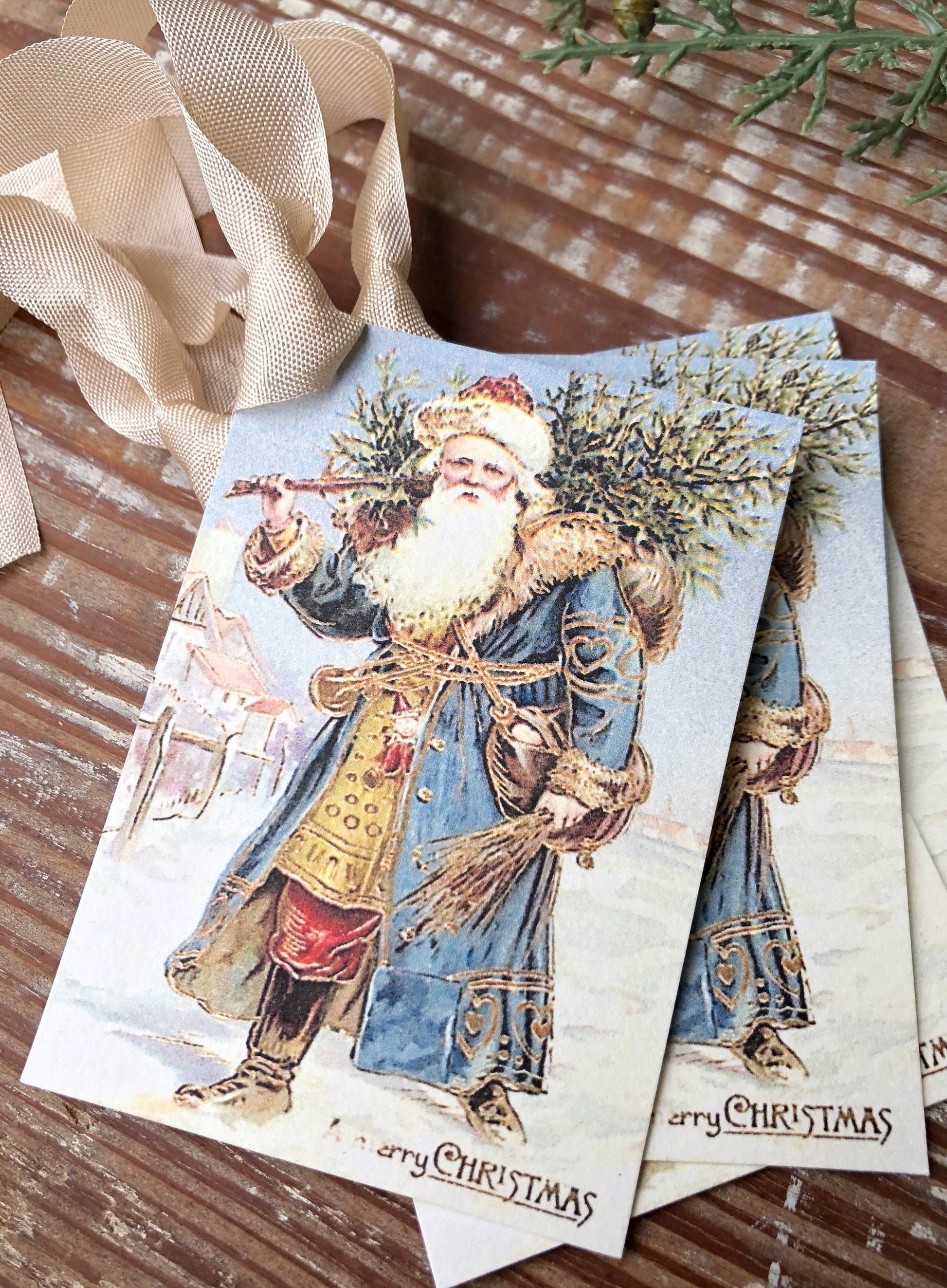 Christmas Vintage Gift Tags SANTA CLAUS St Nick with Tree Farmhouse Christmas Decor Card French Shabby Gift Wrap Primitive Christmas