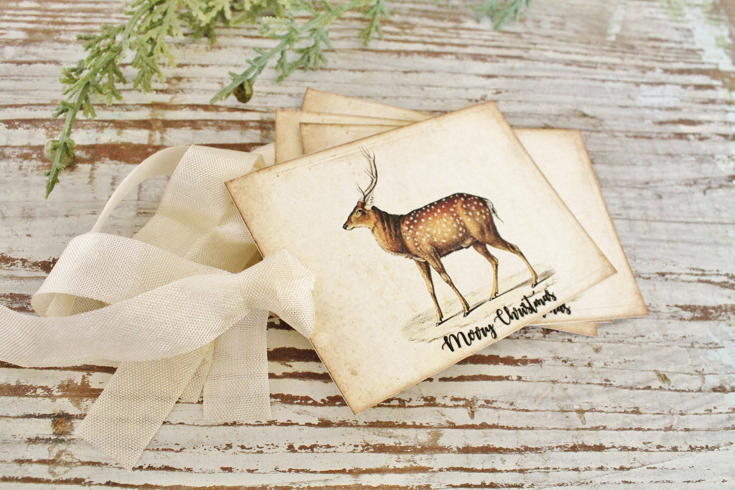Christmas Gift Tags Vintage Deer Fawn MERRY CHRISTMAS Farmhouse Decor Card Gift Wrap Christmas Stag Buck Primitive Christmas