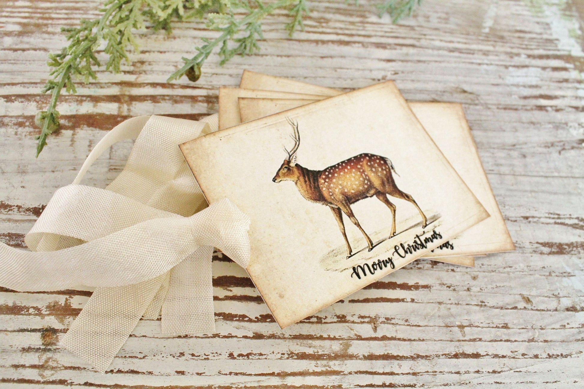 Christmas Gift Tags Vintage Deer Fawn MERRY CHRISTMAS Farmhouse Decor Card Gift Wrap Christmas Stag Buck Primitive Christmas