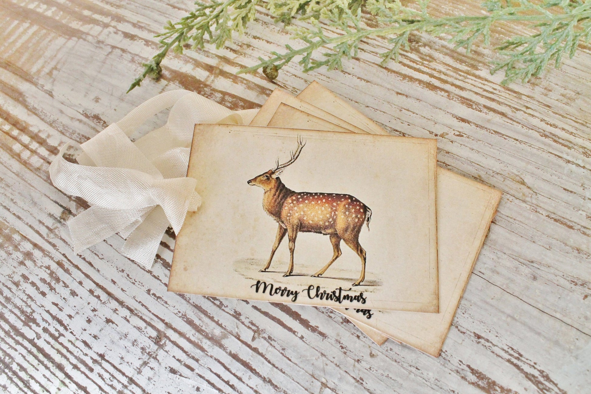 Christmas Gift Tags Vintage Deer Fawn MERRY CHRISTMAS Farmhouse Decor Card Gift Wrap Christmas Stag Buck Primitive Christmas