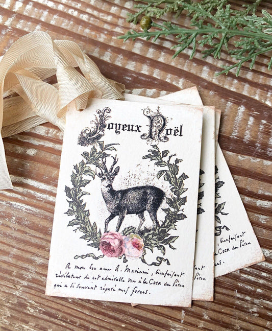 Christmas Gift Tags Vintage Deer JOYEUX NOEL Laurel Wreath Pink Roses Farmhouse Decor Card Gift Wrap Christmas Stag Buck