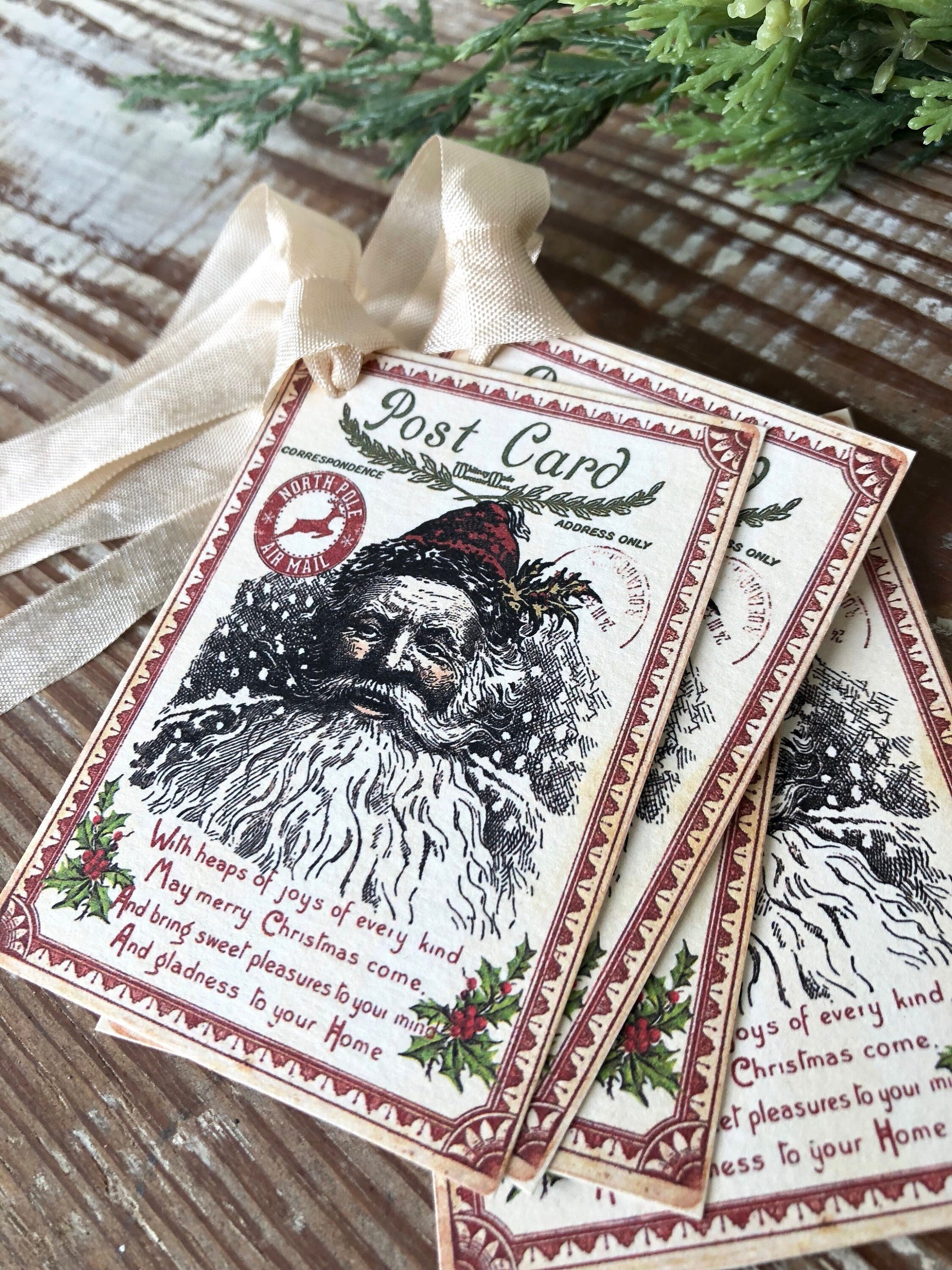 SANTA Christmas Gift Tags SANTA CLAUS with Post Card Vintage Christmas Card Farmhouse Christmas Decor French Shabby Chic Gift Wrap Primitive