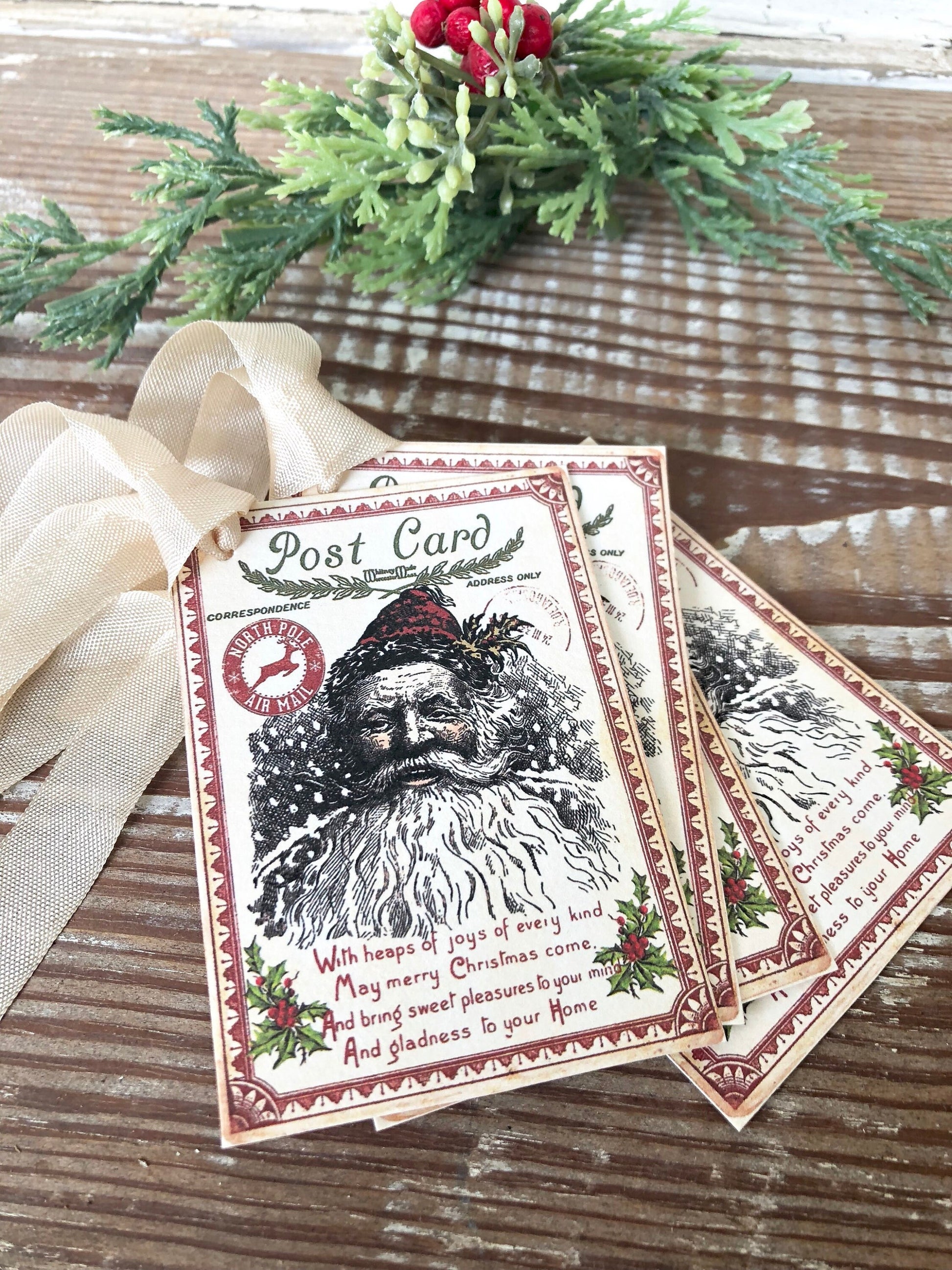 SANTA Christmas Gift Tags SANTA CLAUS with Post Card Vintage Christmas Card Farmhouse Christmas Decor French Shabby Chic Gift Wrap Primitive
