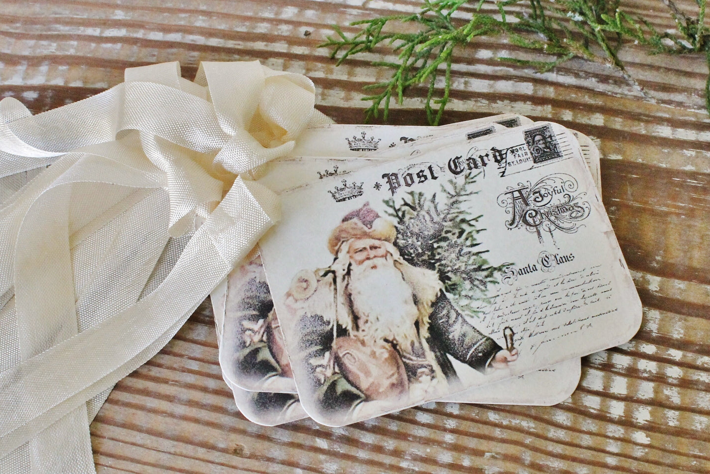 SANTA Christmas Gift Tags Vintage POST CARD Tree Farmhouse Decor Card French Shabby Gift Wrap Father Christmas Cowboy