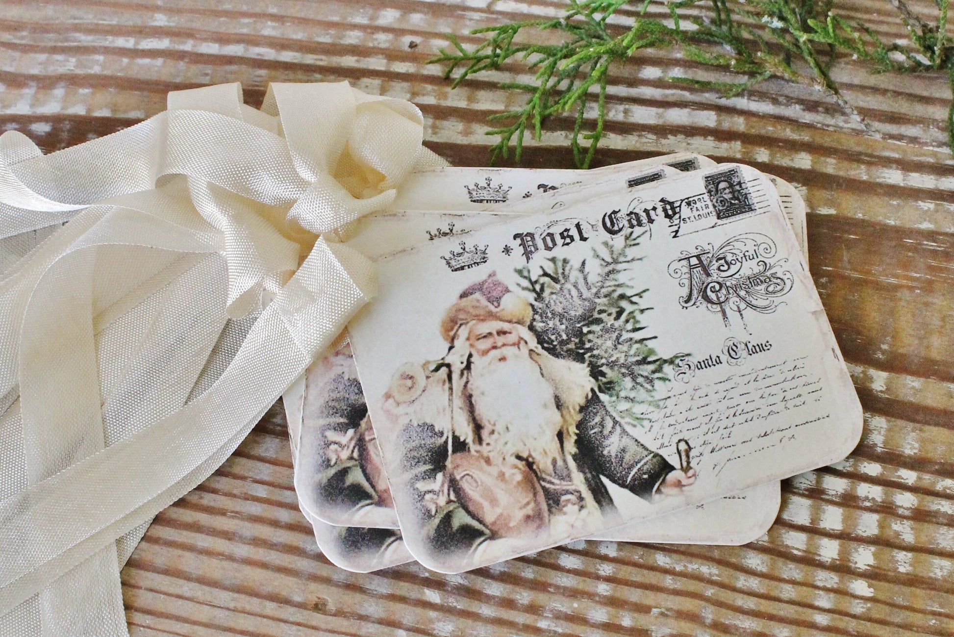 SANTA Christmas Gift Tags Vintage POST CARD Tree Farmhouse Decor Card French Shabby Gift Wrap Father Christmas Cowboy