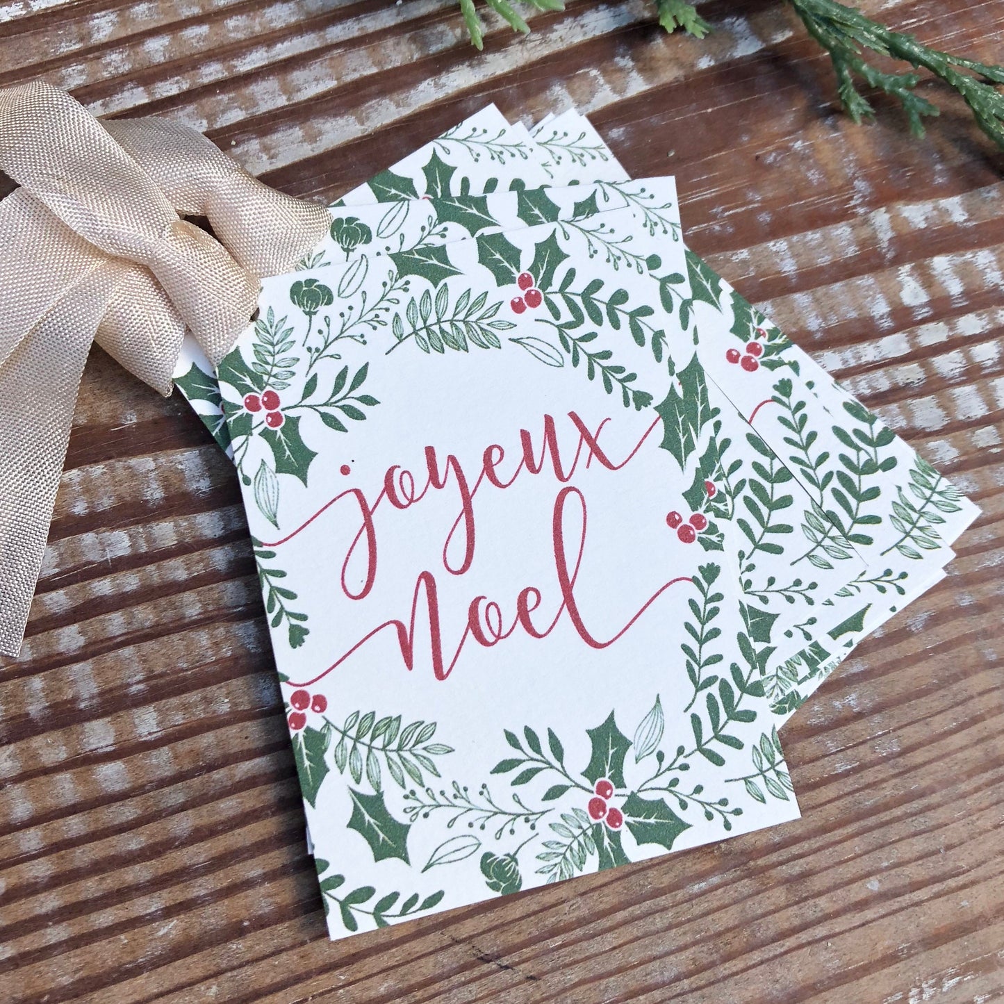 JOYEUX NOEL Christmas Gift Tags Vintage Christmas Card Holly Mistletoe Farmhouse Christmas Decor French Gift Wrap
