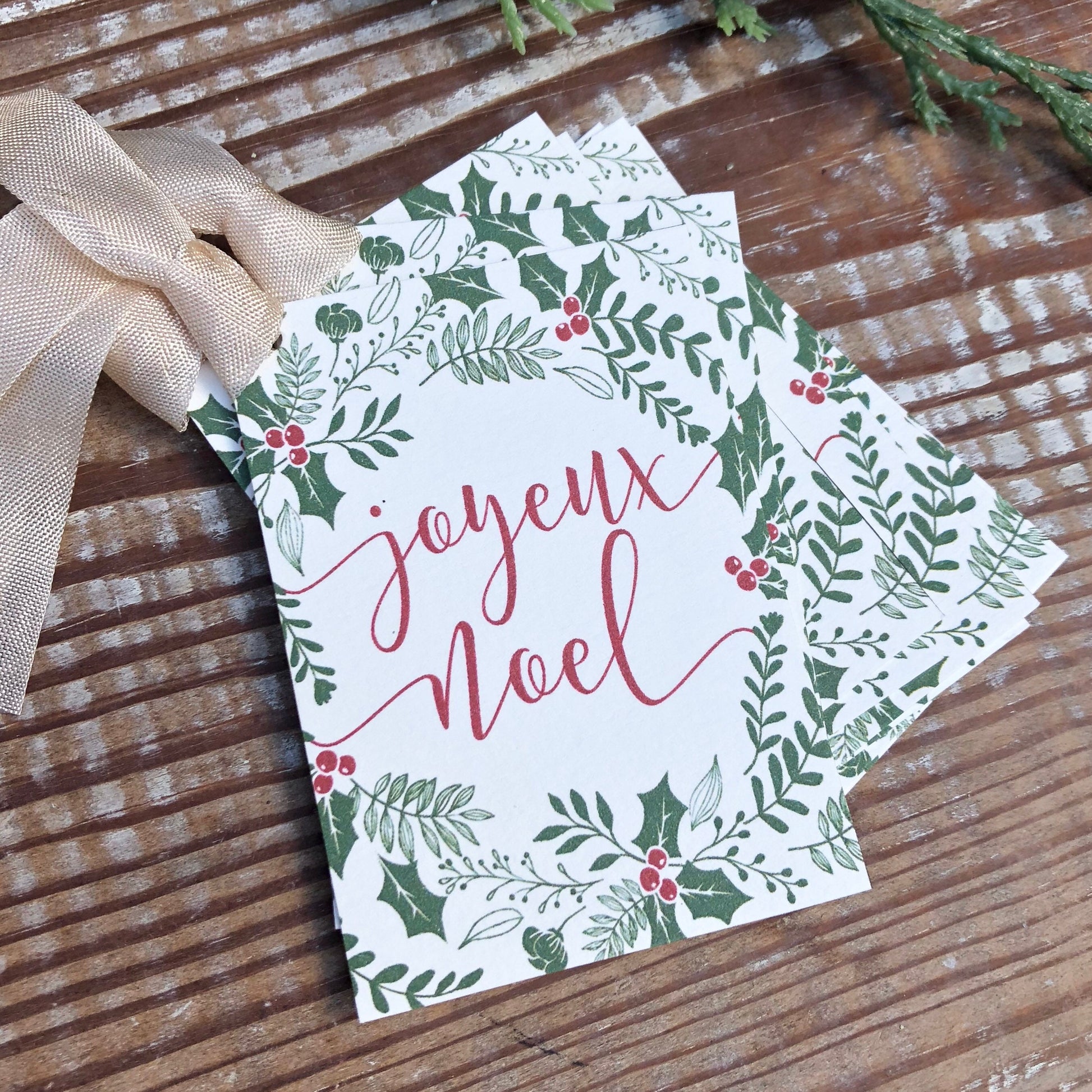 JOYEUX NOEL Christmas Gift Tags Vintage Christmas Card Holly Mistletoe Farmhouse Christmas Decor French Gift Wrap