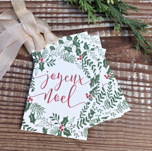 JOYEUX NOEL Christmas Gift Tags Vintage Christmas Card Holly Mistletoe Farmhouse Christmas Decor French Gift Wrap