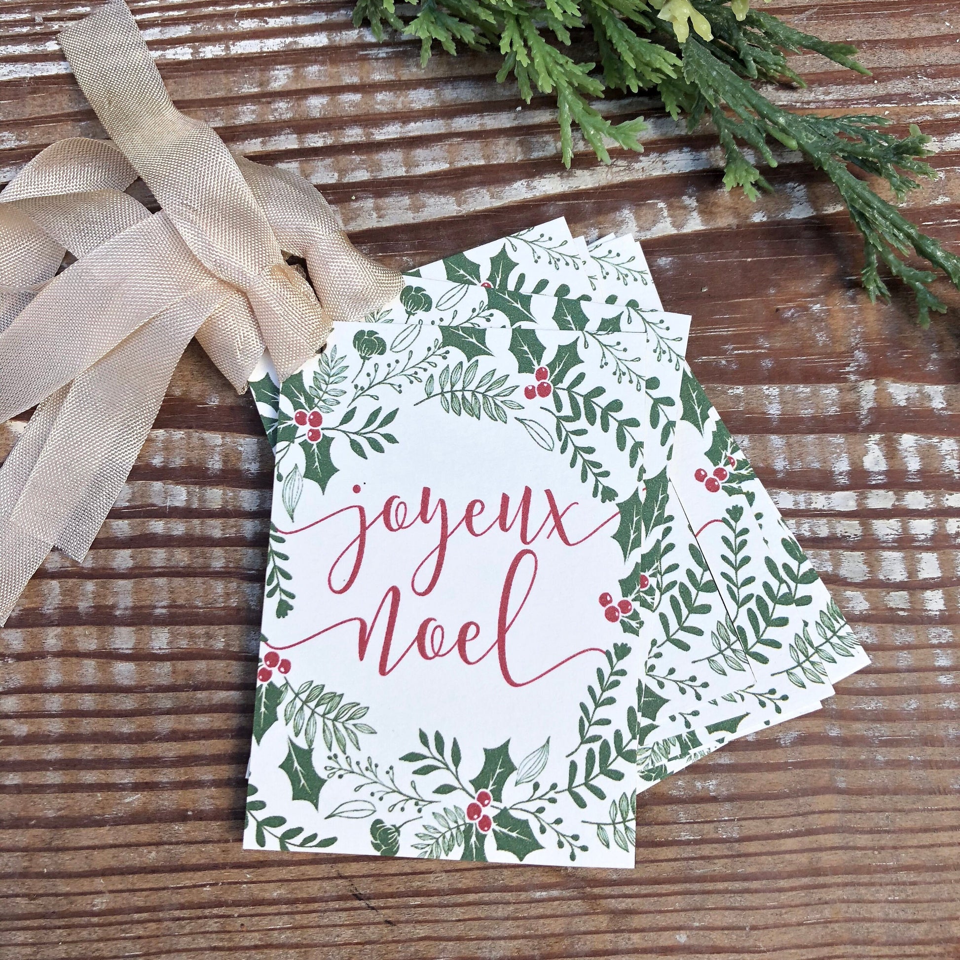 JOYEUX NOEL Christmas Gift Tags Vintage Christmas Card Holly Mistletoe Farmhouse Christmas Decor French Gift Wrap