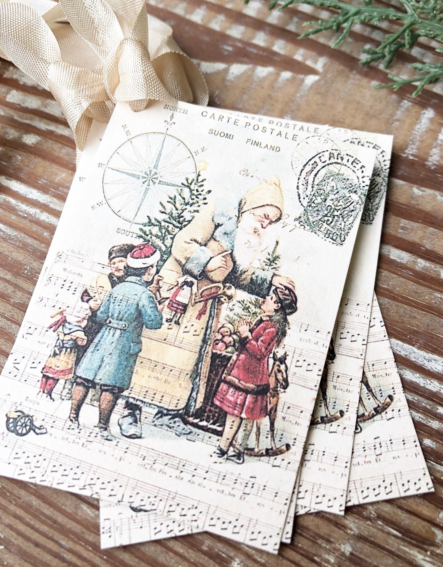 Christmas Vintage Gift Tags SANTA CLAUS St Nick with Children Compass Farmhouse Christmas Decor Card French Shabby Gift Wrap