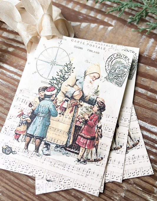 Christmas Vintage Gift Tags SANTA CLAUS St Nick with Children Compass Farmhouse Christmas Decor Card French Shabby Gift Wrap