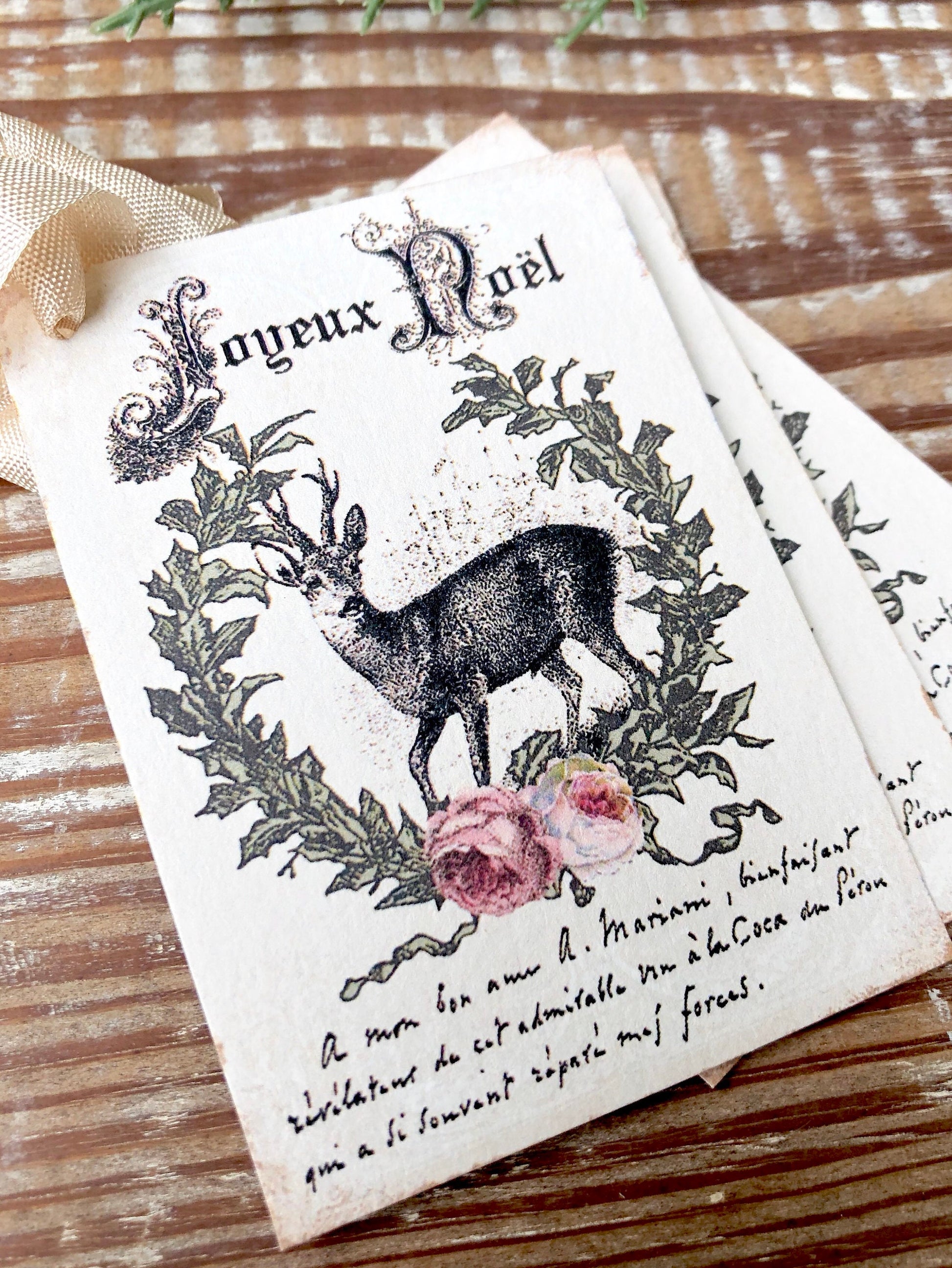 Christmas Gift Tags Vintage Deer JOYEUX NOEL Laurel Wreath Pink Roses Farmhouse Decor Card Gift Wrap Christmas Stag Buck