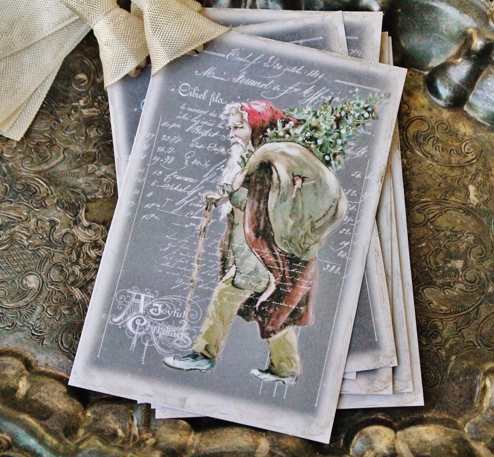 Christmas Gift Tags Vintage SANTA with Sack Tree Farmhouse Decor Chalkboard Card French Shabby Gift Wrap Primitive Christmas