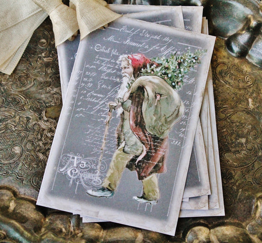 Christmas Gift Tags Vintage SANTA with Sack Tree Farmhouse Decor Chalkboard Card French Shabby Gift Wrap Primitive Christmas