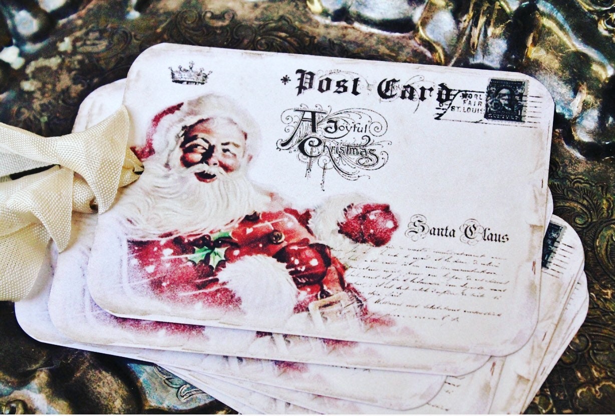 SANTA Christmas Gift Tags Vintage SANTA CLAUS Red Classic Sled Farmhouse Decor Christmas Card French Shabby Gift Wrap