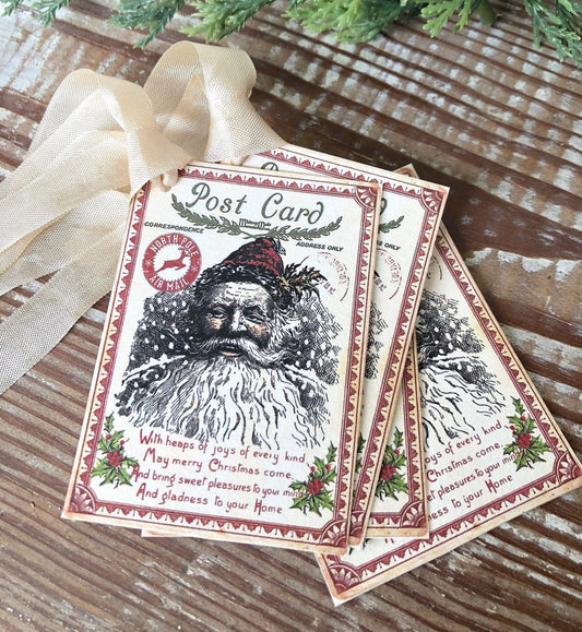 SANTA Christmas Gift Tags SANTA CLAUS with Post Card Vintage Christmas Card Farmhouse Christmas Decor French Shabby Chic Gift Wrap Primitive