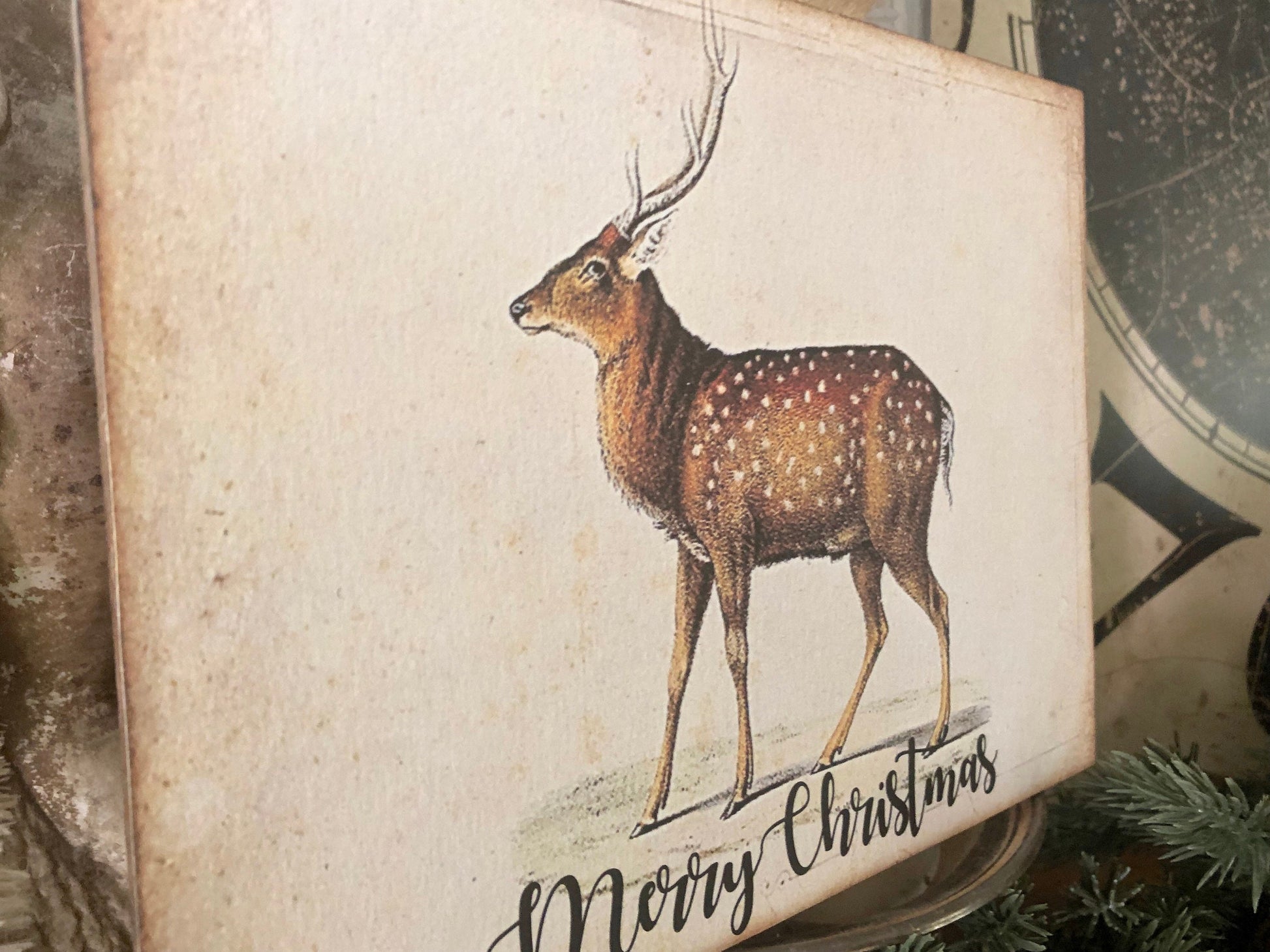 MERRY CHRISTMAS DEER Sign Vintage Christmas Decor Deer Fawn Stag Buck Reindeer Wood Sign Farmhouse Christmas Decor Book Page Art Primitive