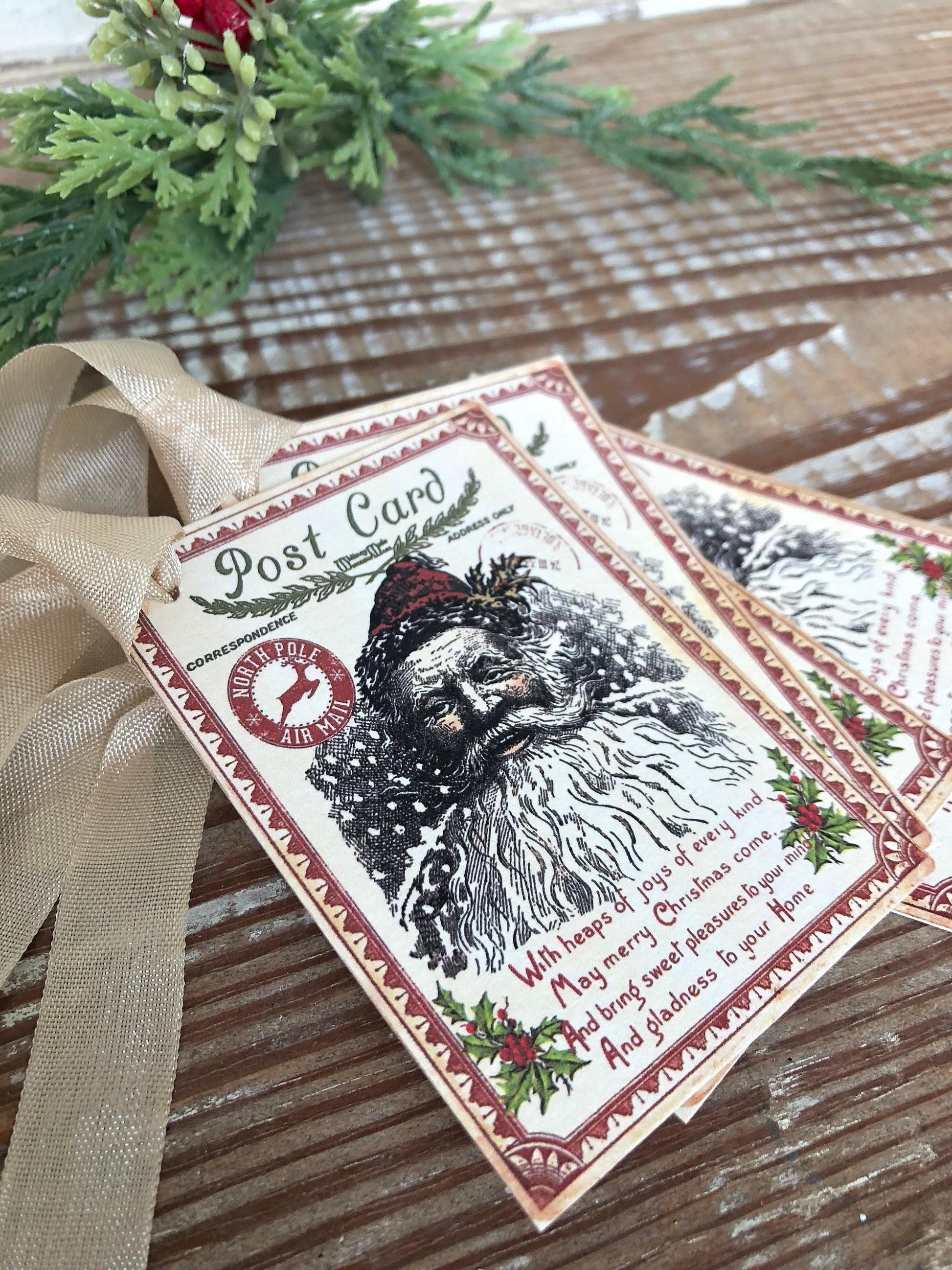 SANTA Christmas Gift Tags SANTA CLAUS with Post Card Vintage Christmas Card Farmhouse Christmas Decor French Shabby Chic Gift Wrap Primitive