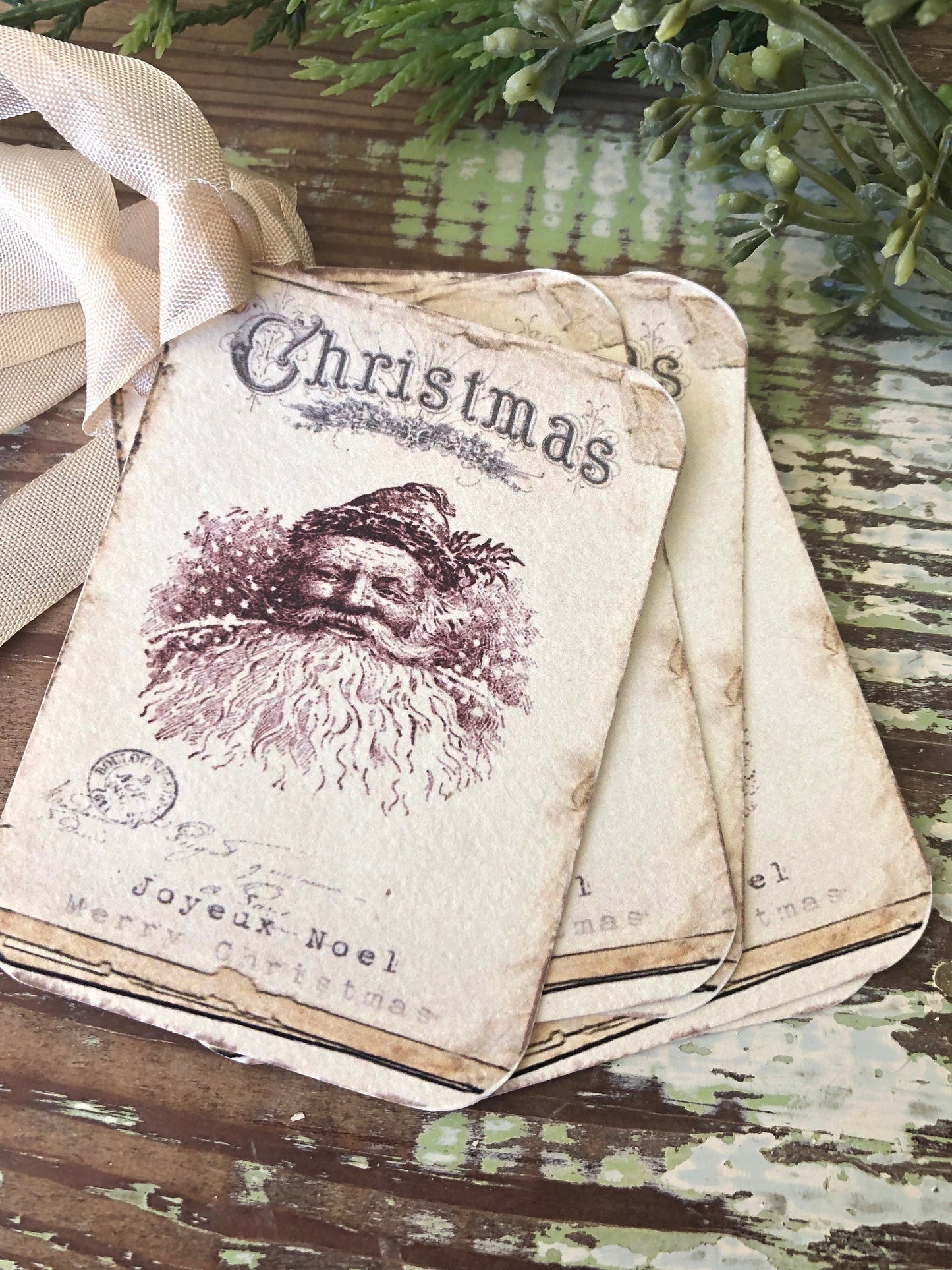 Christmas Vintage Gift Tags SANTA CLAUS St Nick Farmhouse Christmas Decor Card French Shabby Gift Wrap