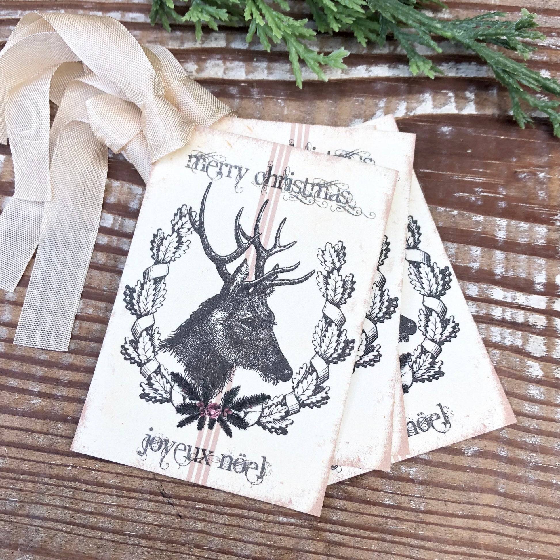 Christmas Gift Tags Vintage Deer MERRY CHRISTMAS Joyeux NOEL Laurel Wreath Pink Roses Farmhouse Decor Card Gift Wrap Christmas Stag Buck