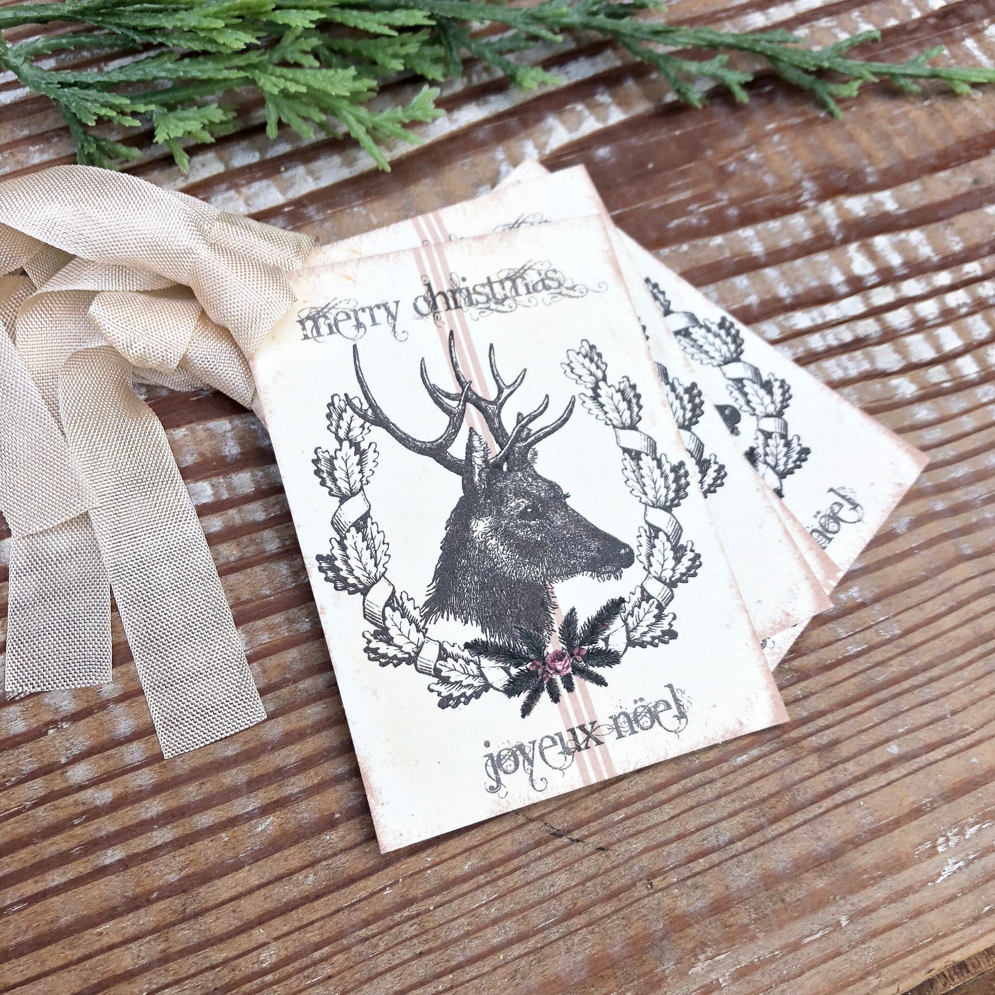 Christmas Gift Tags Vintage Deer MERRY CHRISTMAS Joyeux NOEL Laurel Wreath Pink Roses Farmhouse Decor Card Gift Wrap Christmas Stag Buck
