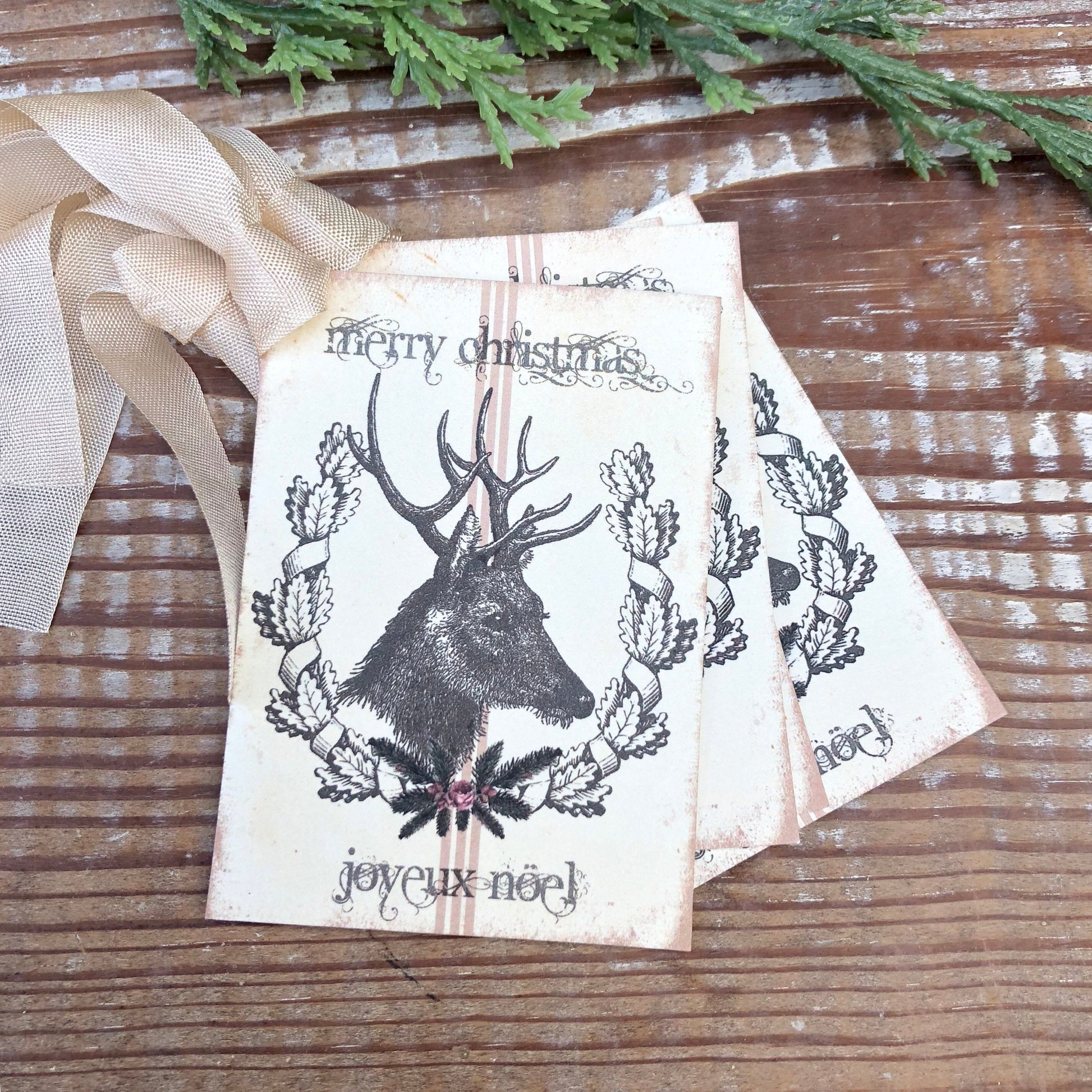 Christmas Gift Tags Vintage Deer MERRY CHRISTMAS Joyeux NOEL Laurel Wreath Pink Roses Farmhouse Decor Card Gift Wrap Christmas Stag Buck