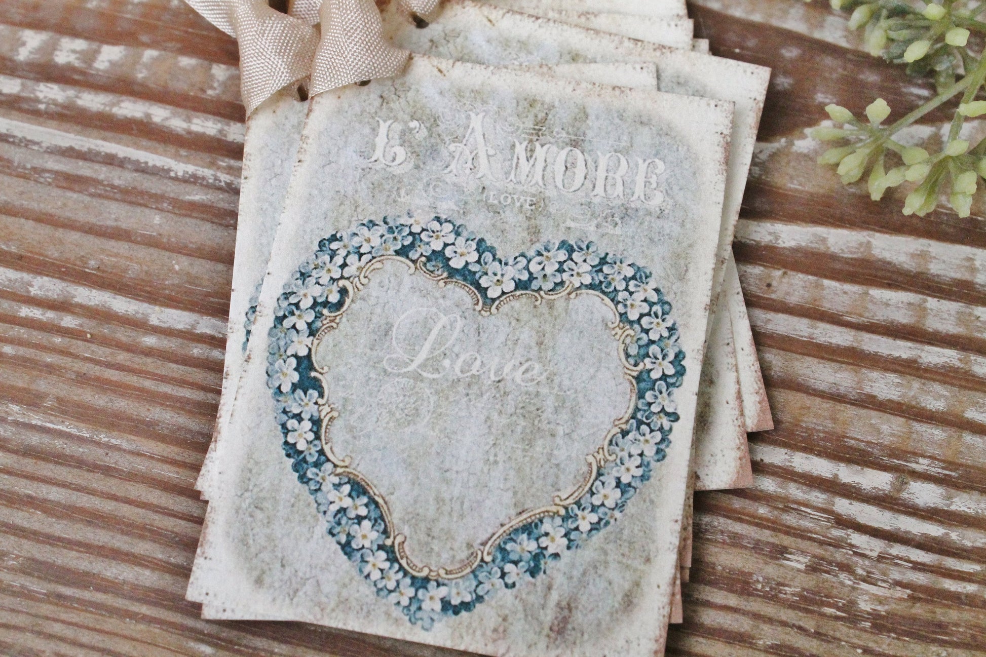 Valentine Vintage Gift Tags LOVE Heart L'Amore French BLUE Roses Farmhouse Decor Card Shabby