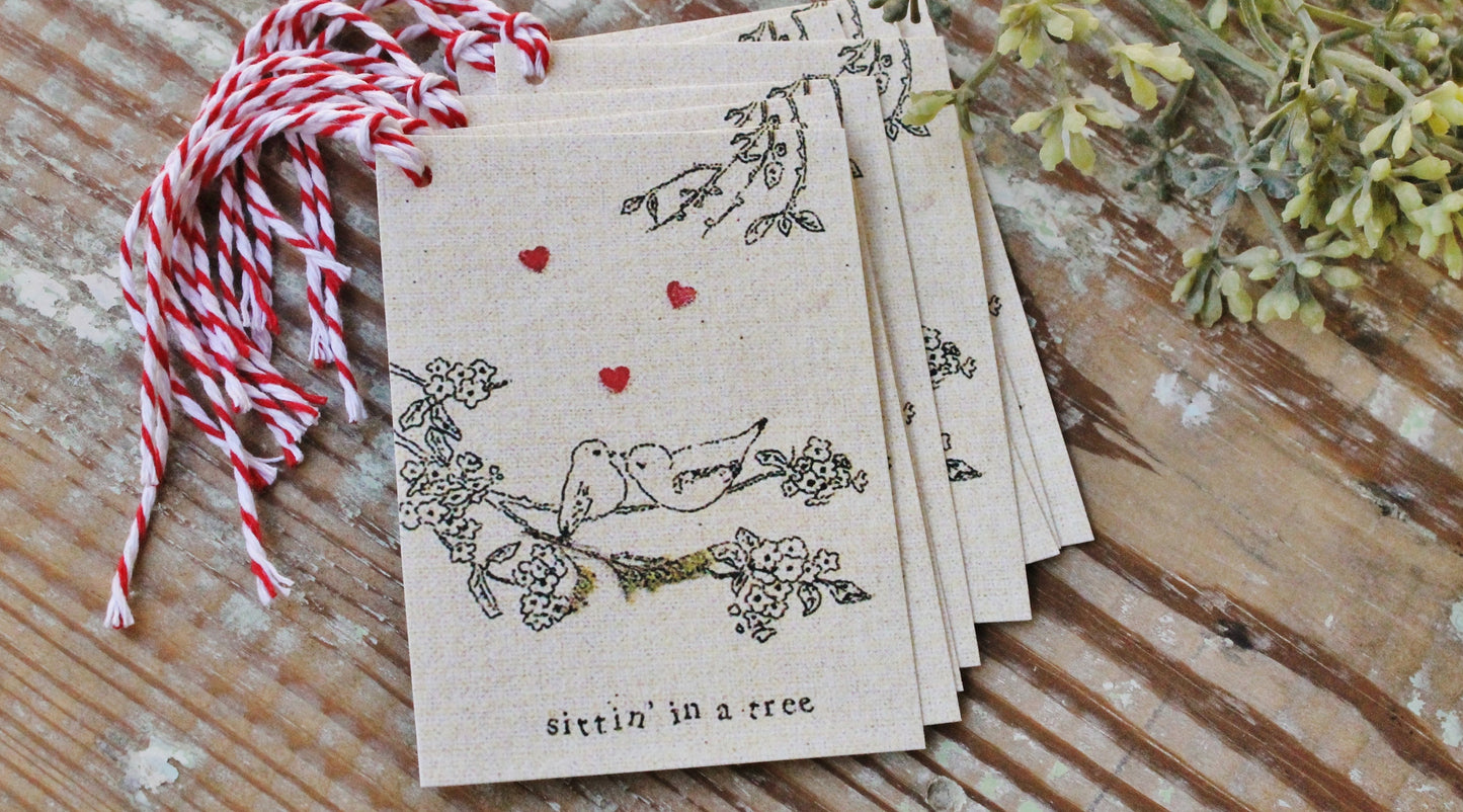 Valentine LOVE BIRDS Vintage Gift Tags Red Heart Farmhouse Decor Card Shabby Kissing in a Tree