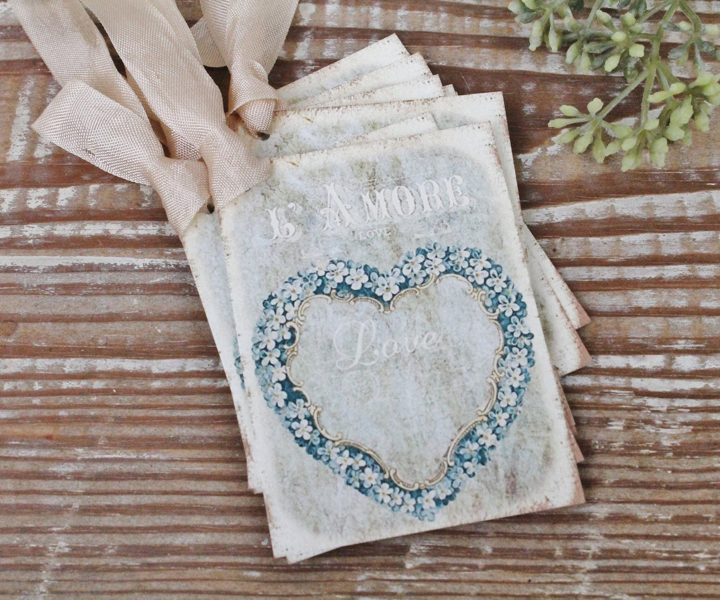 Valentine Vintage Gift Tags LOVE Heart L'Amore French BLUE Roses Farmhouse Decor Card Shabby