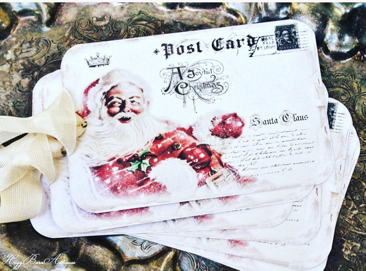 SANTA Christmas Gift Tags Vintage SANTA CLAUS Red Classic Sled Farmhouse Decor Christmas Card French Shabby Gift Wrap