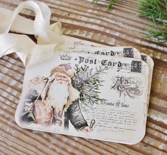 SANTA Christmas Gift Tags Vintage POST CARD Tree Farmhouse Decor Card French Shabby Gift Wrap Father Christmas Cowboy