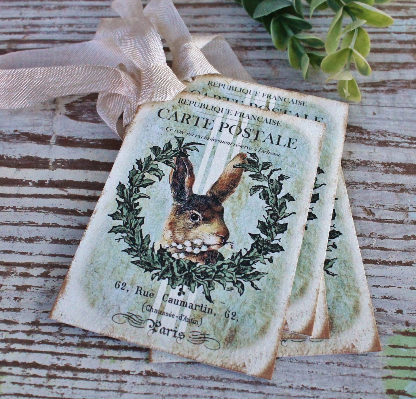 EASTER Vintage Gift Tags Rabbit Bunny Grain Sack Laurel Wreath French Farmhouse Decor Card Shabby SET OF 8