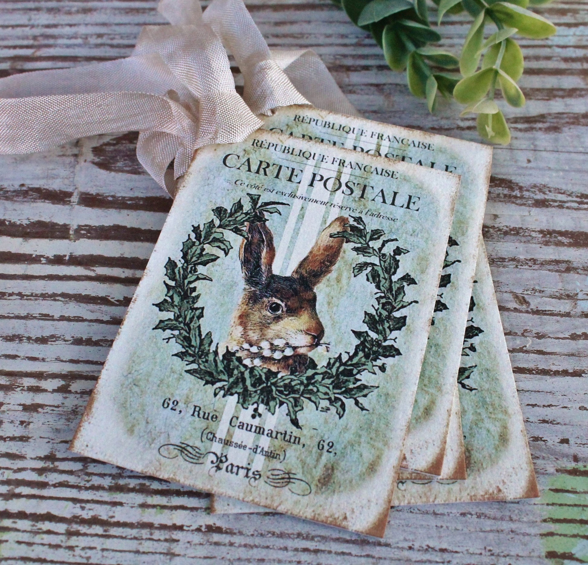 EASTER Vintage Gift Tags Rabbit Bunny Grain Sack Laurel Wreath French Farmhouse Decor Card Shabby SET OF 8