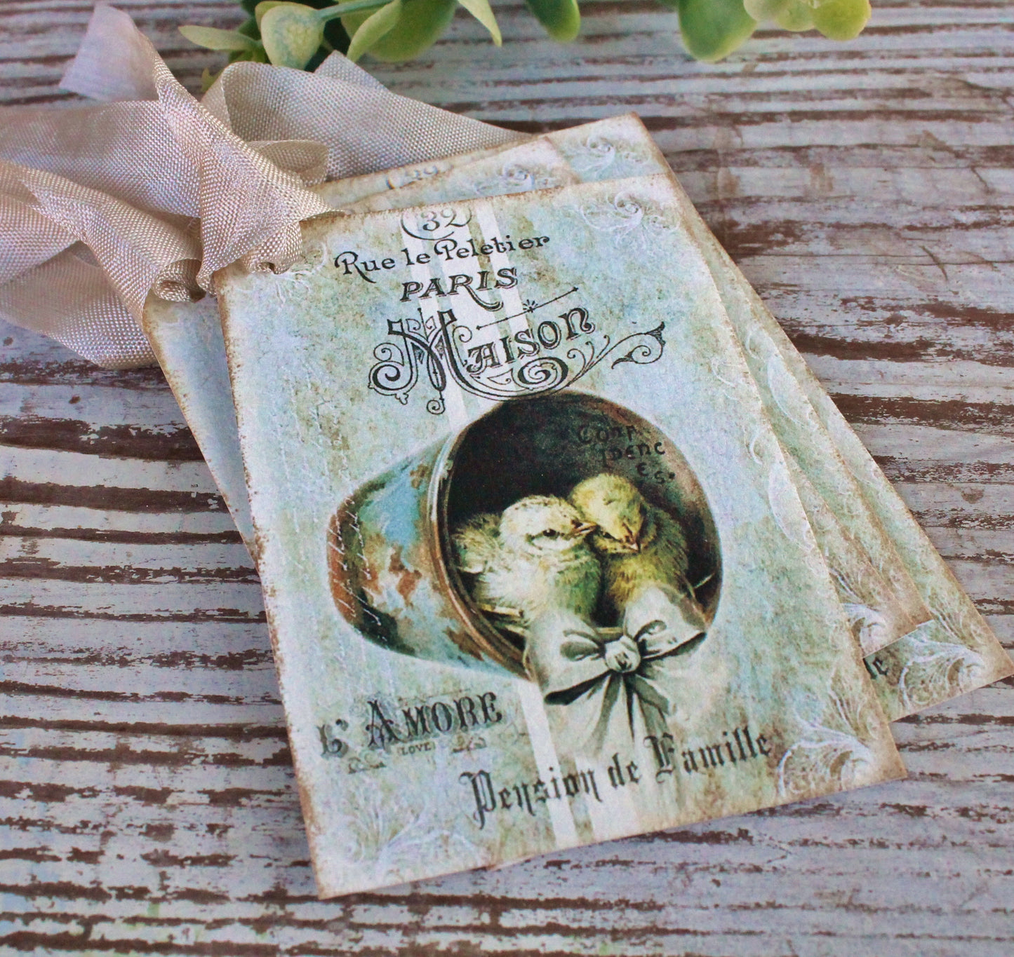 EASTER Vintage Gift Tags Grain Sack Chicks Bucket French Farmhouse Decor Card Shabby SET OF 8