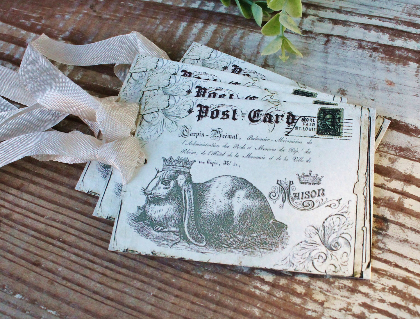 EASTER Vintage Gift Tags Post Card Rabbit Bunny Crown French Farmhouse Decor Card Shabby SET OF 8