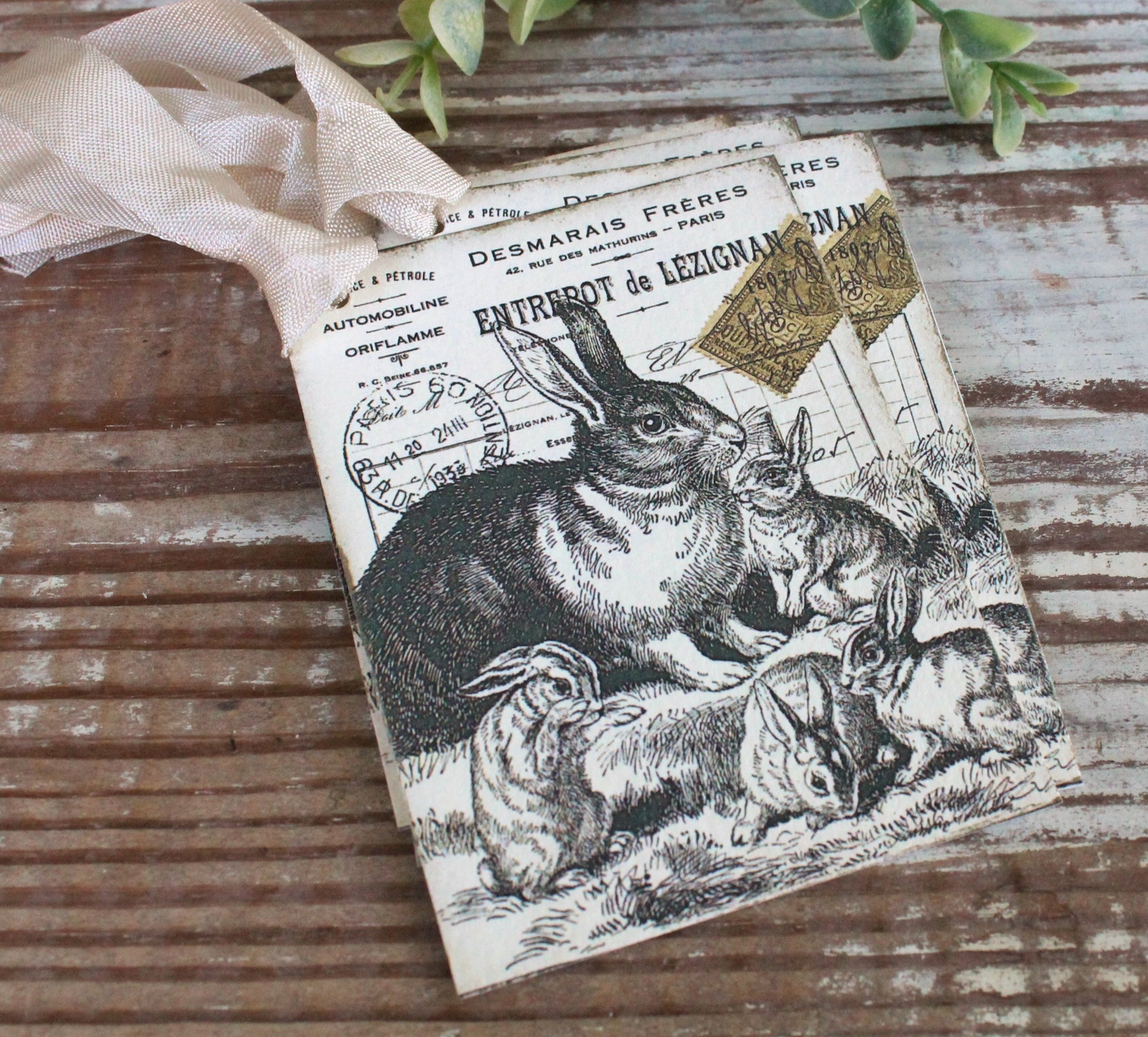 EASTER Vintage Gift Tags Post Card Rabbit Bunny French Farmhouse Decor Card Shabby SET OF 8