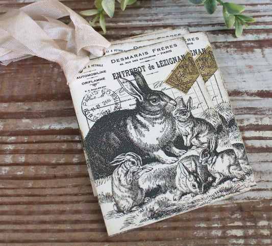 EASTER Vintage Gift Tags Post Card Rabbit Bunny French Farmhouse Decor Card Shabby SET OF 8