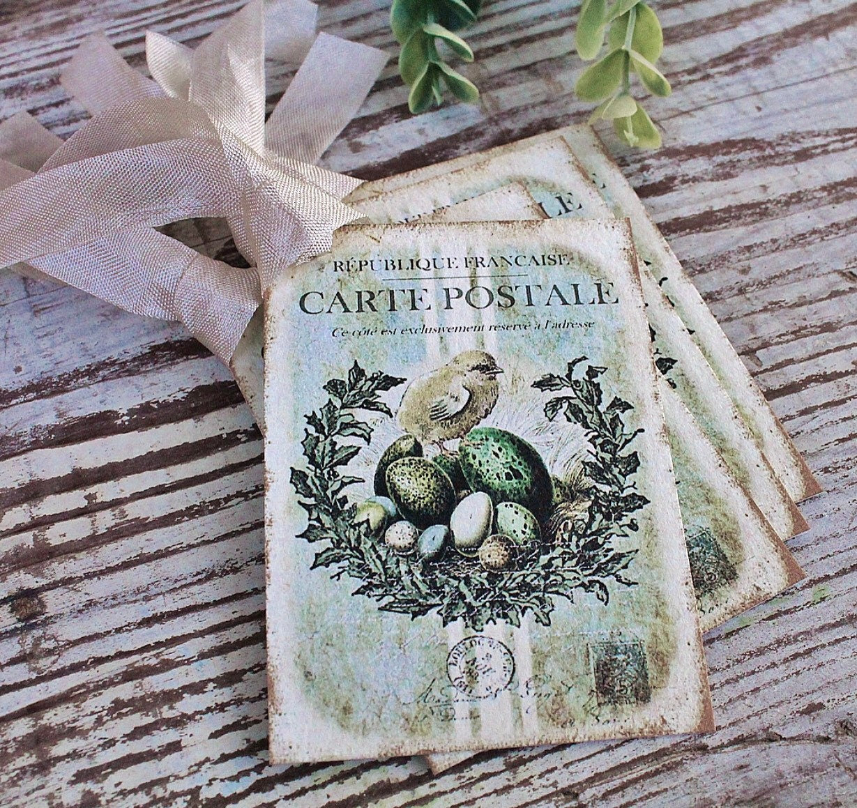 EASTER Vintage Gift Tags Chicks Eggs Grain Sack Laurel Wreath French Farmhouse Decor Card Shabby SET OF 8