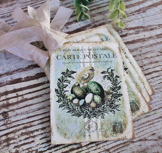 EASTER Vintage Gift Tags Chicks Eggs Grain Sack Laurel Wreath French Farmhouse Decor Card Shabby SET OF 8