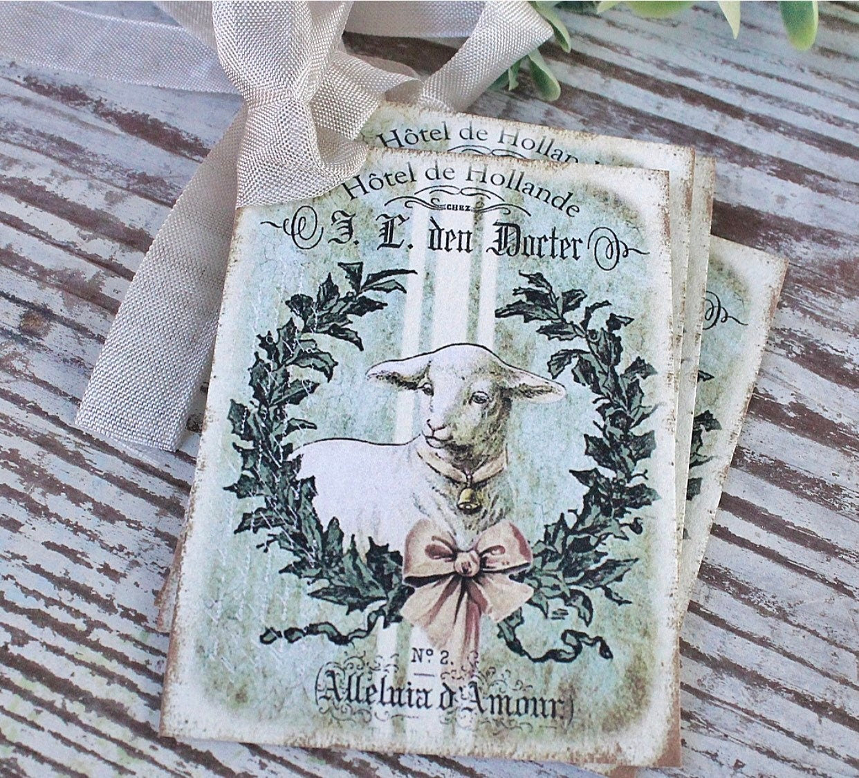 EASTER Vintage Gift Tags Lamb Grain Sack Laurel Wreath French Sheep Farmhouse Decor Card Shabby SET OF 8