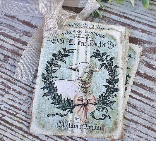 EASTER Vintage Gift Tags Lamb Grain Sack Laurel Wreath French Sheep Farmhouse Decor Card Shabby SET OF 8