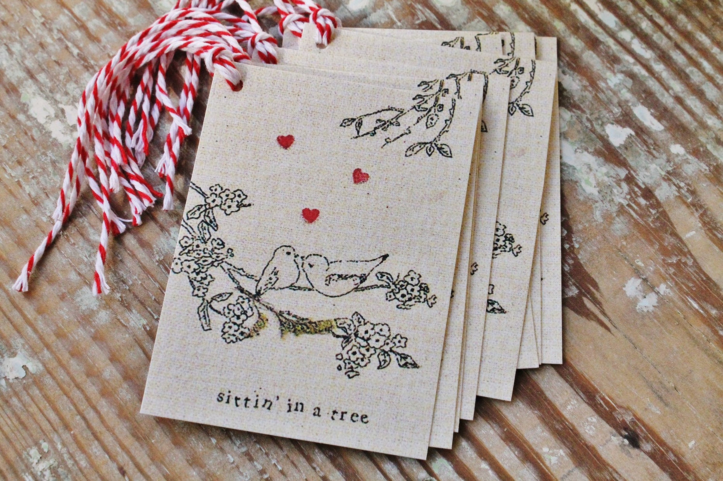 Valentine LOVE BIRDS Vintage Gift Tags Red Heart Farmhouse Decor Card Shabby Kissing in a Tree