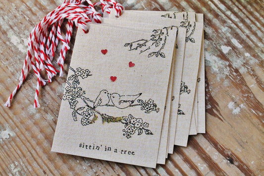 Valentine LOVE BIRDS Vintage Gift Tags Red Heart Farmhouse Decor Card Shabby Kissing in a Tree