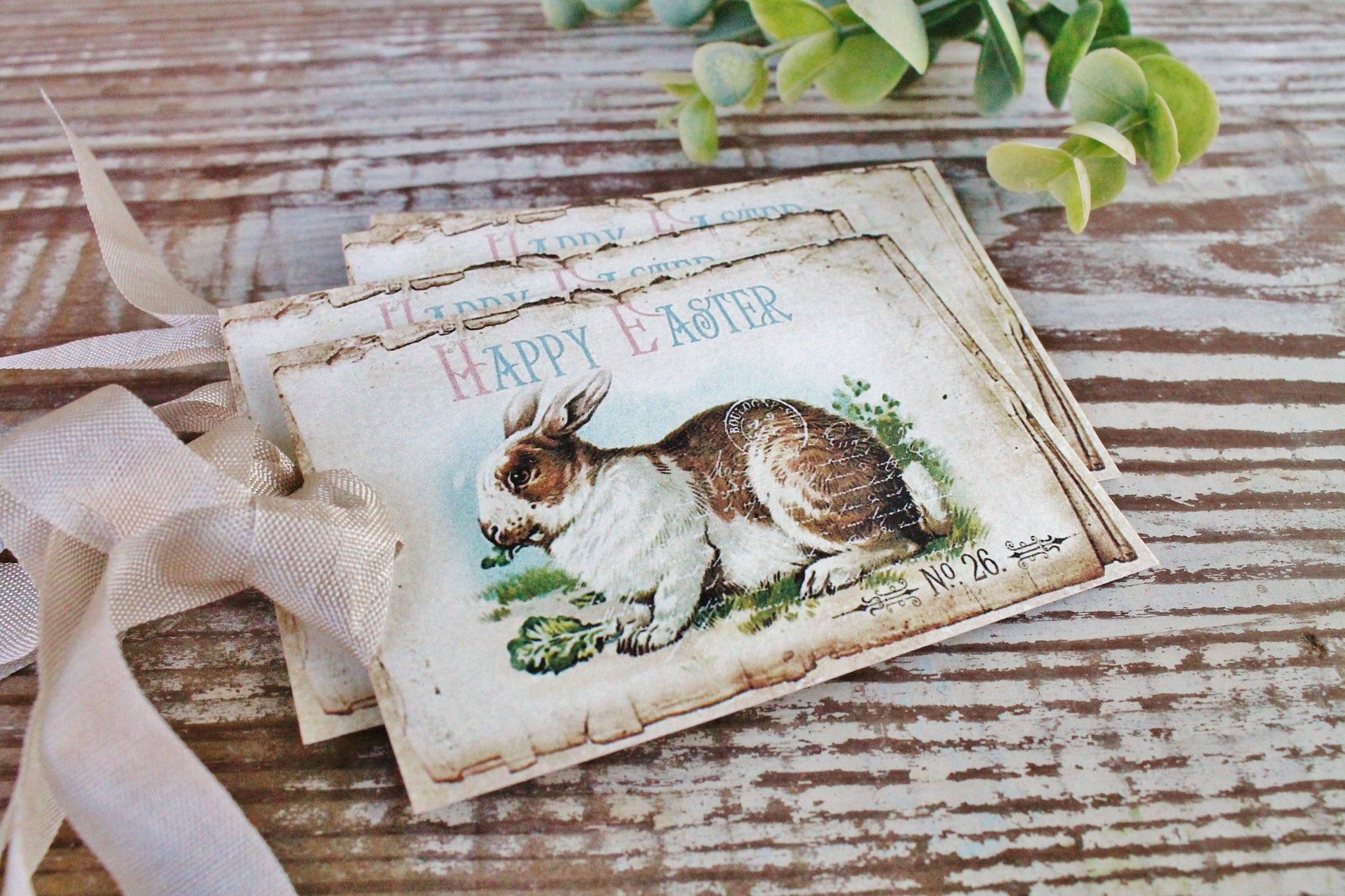 EASTER Vintage Gift Tags Happy Easter Rabbit Bunny Eggs French Farmhouse Decor Card Shabby SET OF 8