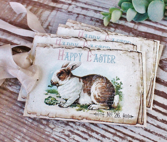 EASTER Vintage Gift Tags Happy Easter Rabbit Bunny Eggs French Farmhouse Decor Card Shabby SET OF 8