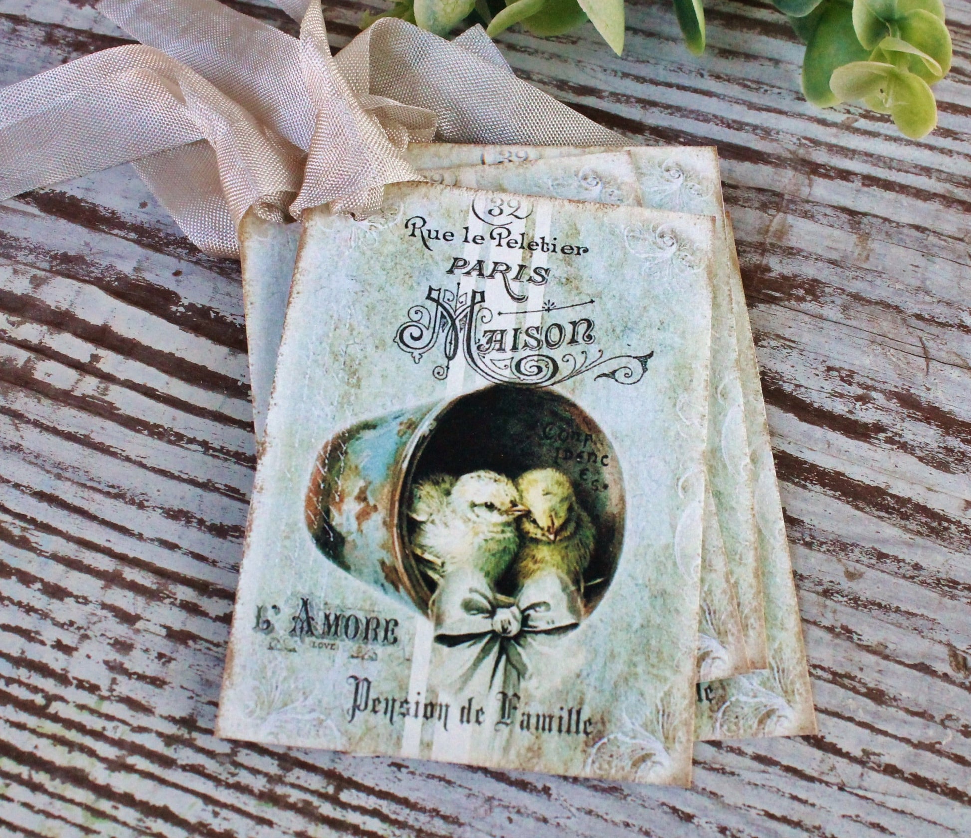 EASTER Vintage Gift Tags Grain Sack Chicks Bucket French Farmhouse Decor Card Shabby SET OF 8
